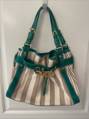 Francesco Biasia Beige and Teal Striped Shoulder Bag with Gold Hardware